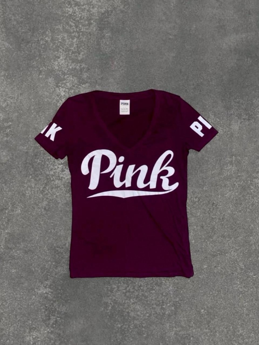 Victoria's Secret PINK Deep Plum V-Neck Logo Tee in a Size Small